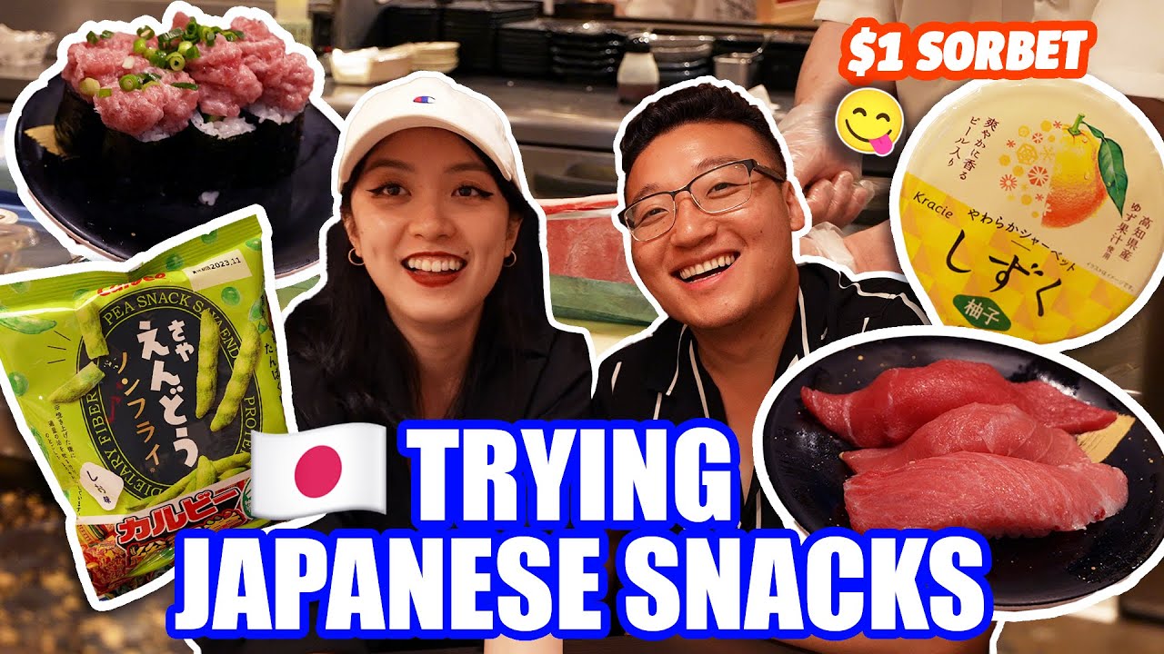 Gourmet Conveyor Sushi | Trying Japanese Snacks | Japan travel food reaction vlog