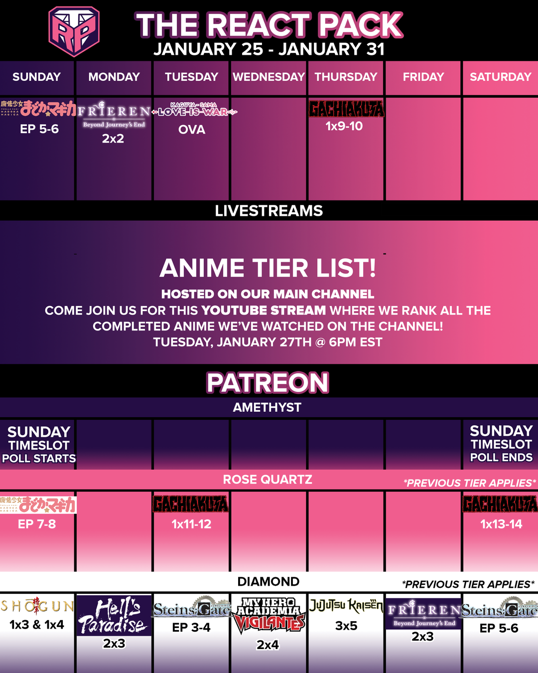 January 25 - 31 Schedule!
