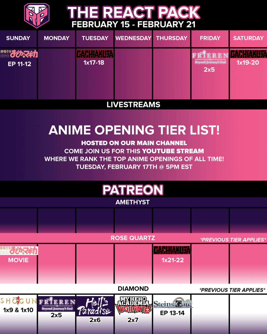 February 15 - 21 Schedule!
