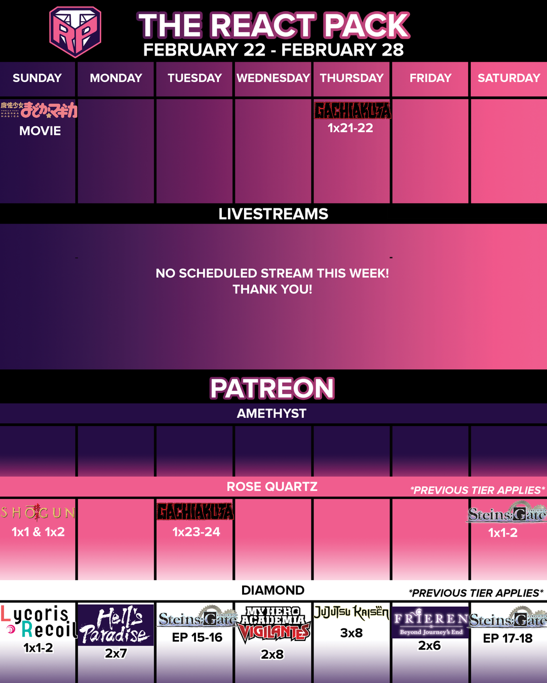 February 22 - 28 Schedule!