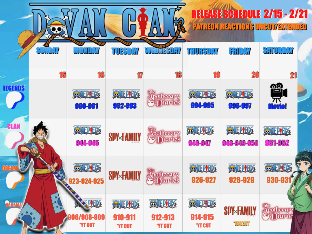 NAKAMA!! Here is this weeks calendar drop! Love you all H & J ( GIGI & Avô ) 